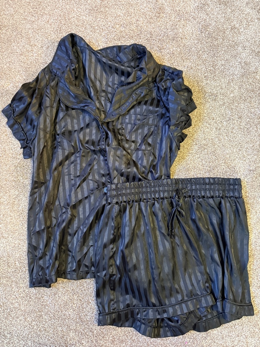 Satin Stripe Short Pajama Set in Black — Women’s Sleepwear